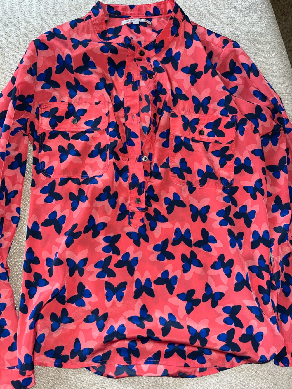 GAP Coral Pink Blouse with Navy Blue Butterfly Print